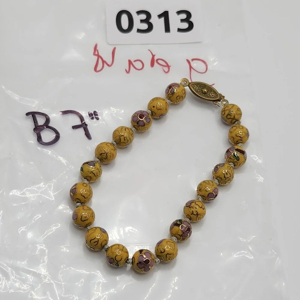 Vintage Chinese Cloisonne Bead Bracelet Yellow‎ Enamel Purple Floral 7 Inch Boho
